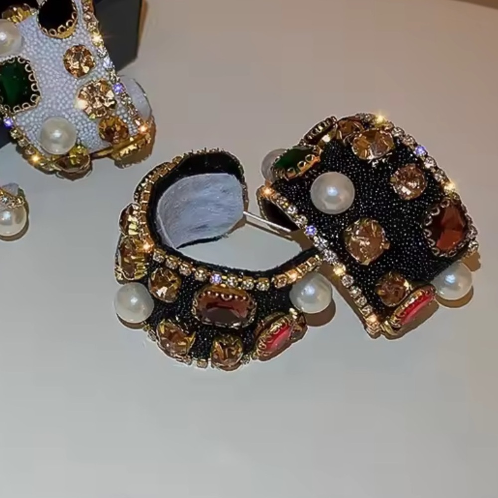 Luxurious Statement Black Gold Embellished Cuff Pearls and Emerald Crystals Lu